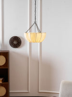 Fabric Drum Ceiling Light with Bowl Shade for Kitchens and Dining Areas 16 Inch Adjustable Hanging Fixture Neutral Beige Cloth Lampshade Thr