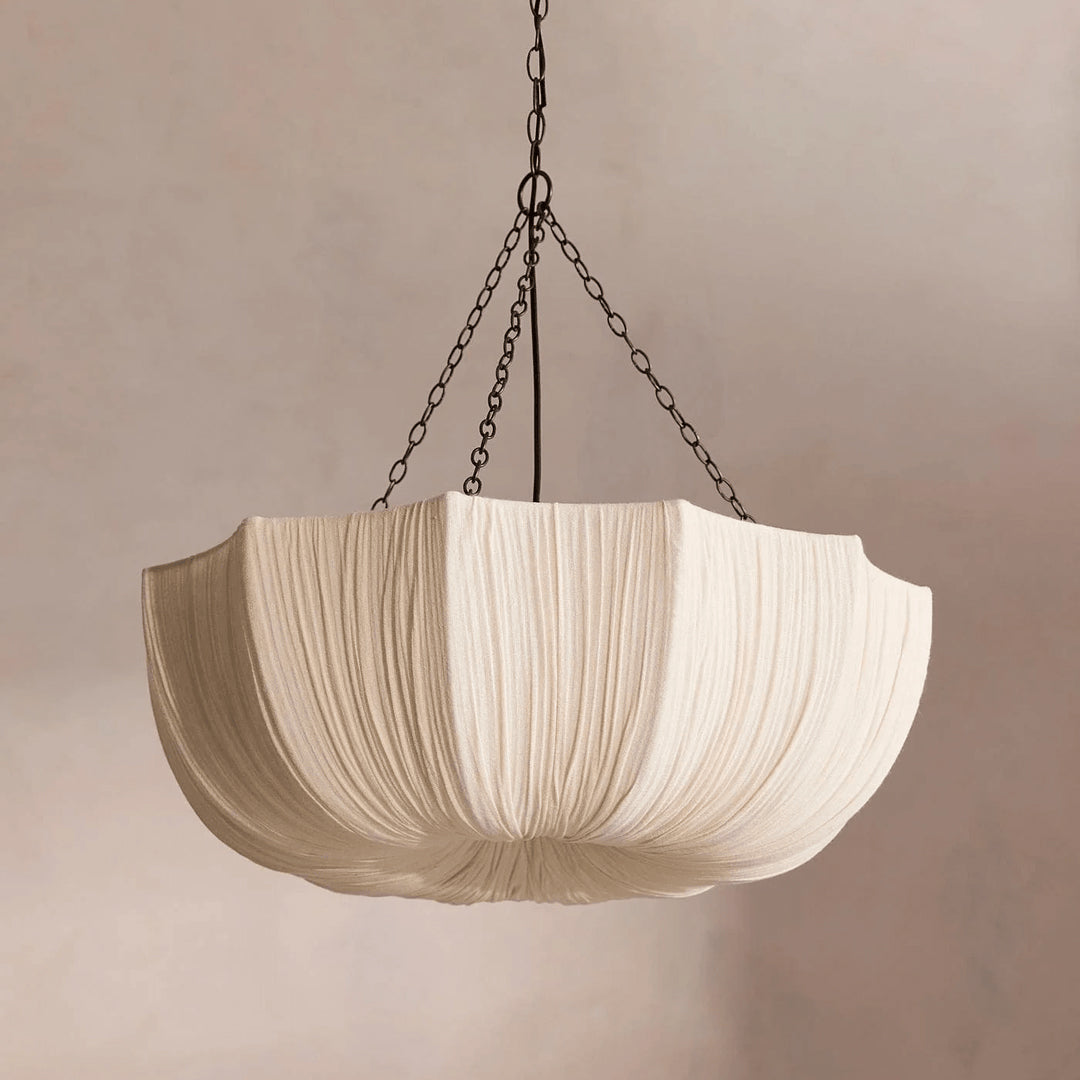 Fabric Drum Ceiling Light with Bowl Shade for Kitchens and Dining Areas 16 Inch Adjustable Hanging Fixture Neutral Beige Cloth Lampshade Thr