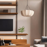 Fabric Drum Ceiling Light with Bowl Shade for Kitchens and Dining Areas 16 Inch Adjustable Hanging Fixture Neutral Beige Cloth Lampshade Thr