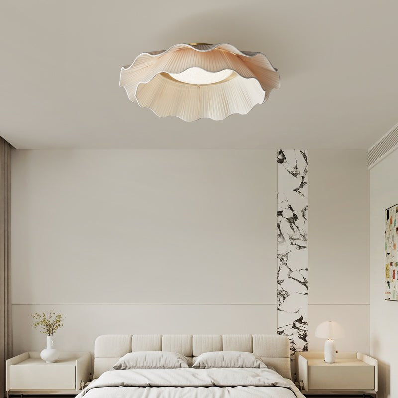 Flush Mount Ceiling Light White Fabric Ripple Shade 20 in Bedroom Ambient LED Integrated Dimmable Low Profile for Living Room Dining Room Mo