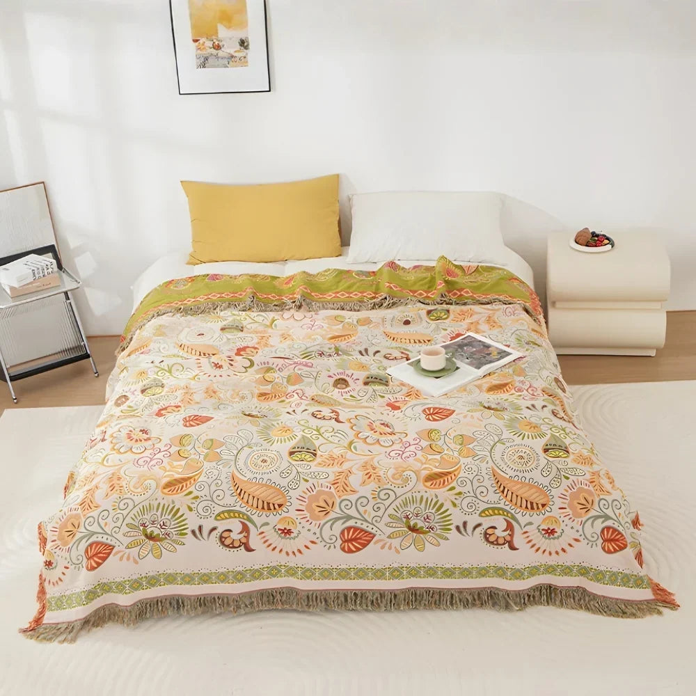 Aurelia Boho Blanket - Reversible Cotton Gauze, Floral Design