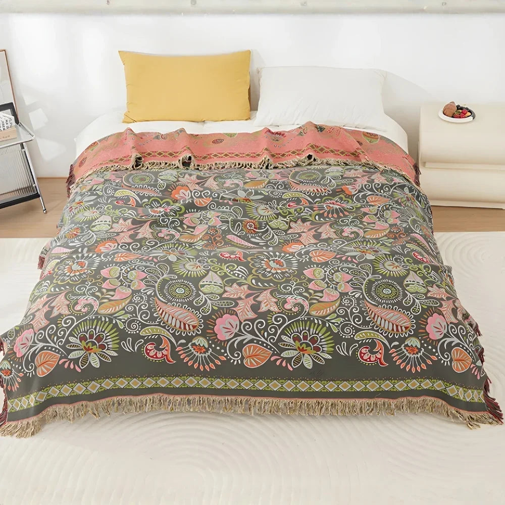 Aurelia Boho Blanket - Reversible Cotton Gauze, Floral Design