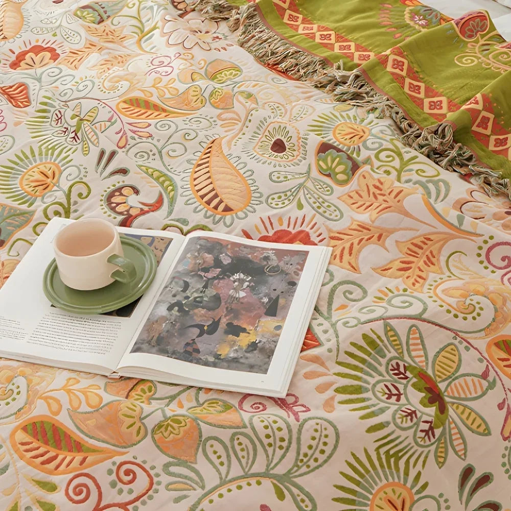Aurelia Boho Blanket - Reversible Cotton Gauze, Floral Design
