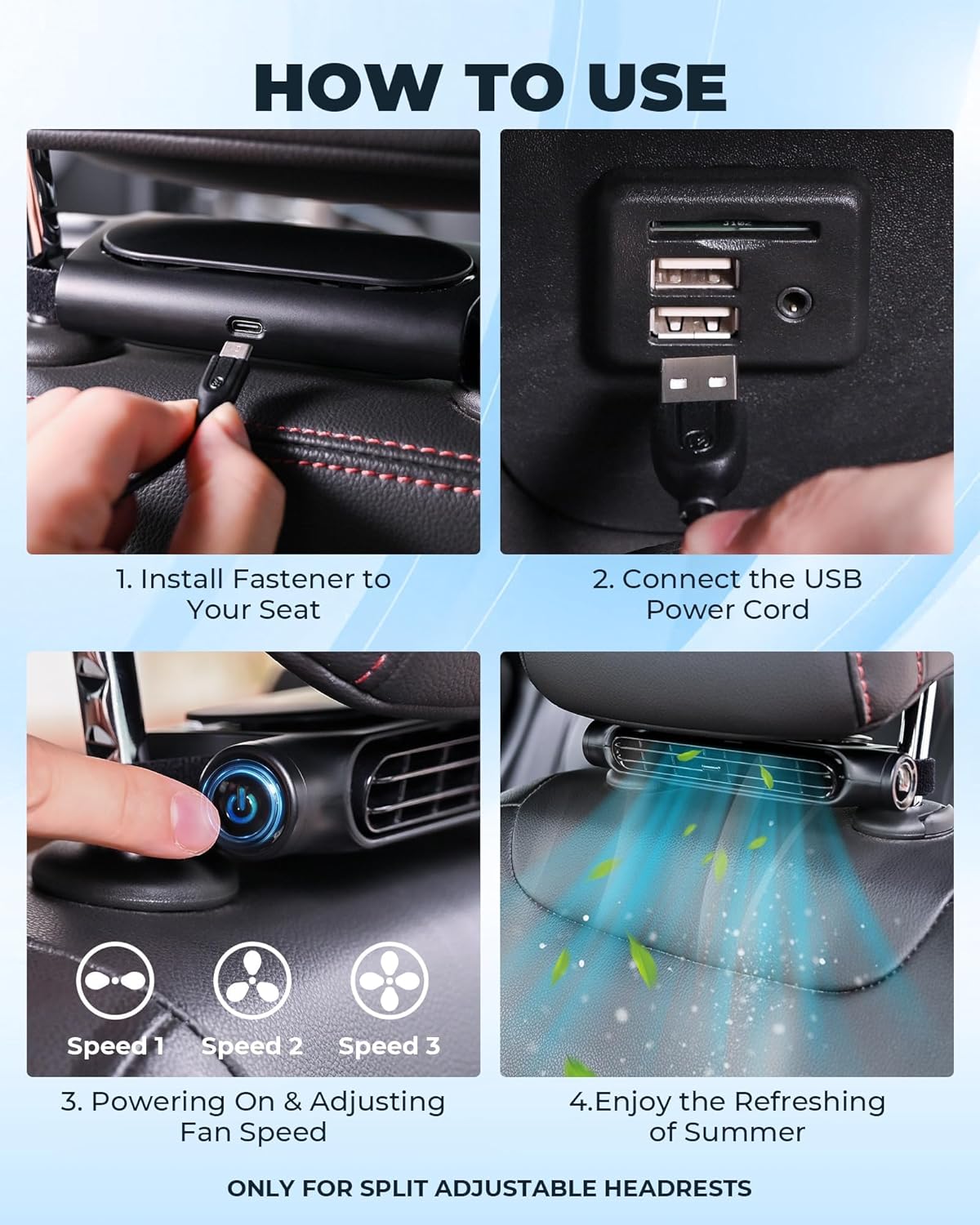 AutoBreeze | USB Car Cooling Fan with 3 Adjustable Speeds | Bladeless Design for Safe Airflow