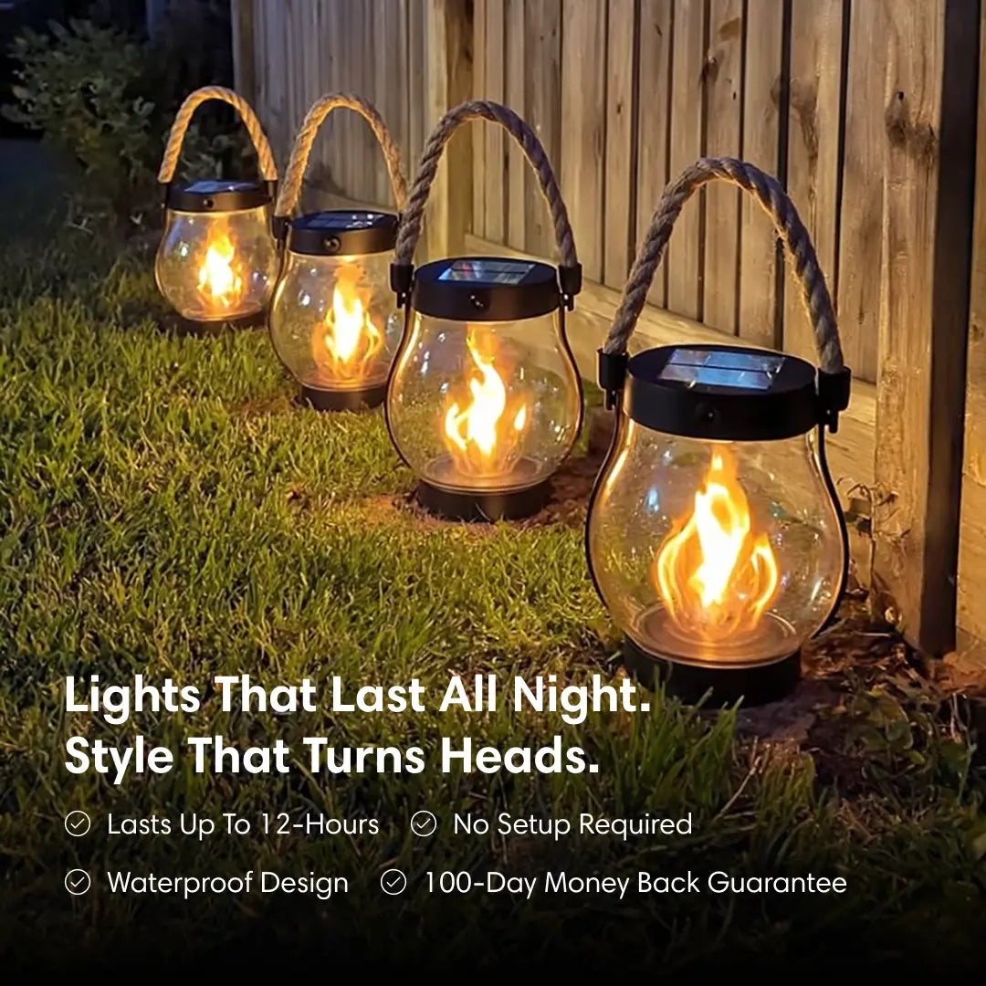 Outdoor LED Flame Lantern Solar Powered Hanging Light Water-Resistant Garden Patio Decor 11 Inch with Dusk to Dawn Sensor for Balcony Yard Deck