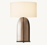 Amber Glass Table Lamp with Oval Linen Shade | Mid-Century Modern Lighting for Bedroom Living Room Nightstand | Handcrafted Flame-Polished