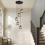 Multi-Tier Drop Chandelier for High Ceilings with Ribbed Glass Shades in Black Finish | Adjustable Vertical Lighting for Staircases, Foyers