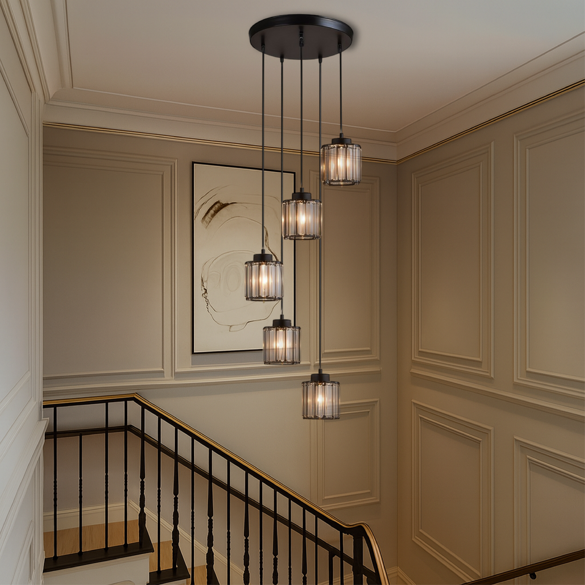Multi-Tier Drop Chandelier for High Ceilings with Ribbed Glass Shades in Black Finish | Adjustable Vertical Lighting for Staircases, Foyers