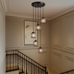 Multi-Tier Drop Chandelier for High Ceilings with Ribbed Glass Shades in Black Finish | Adjustable Vertical Lighting for Staircases, Foyers