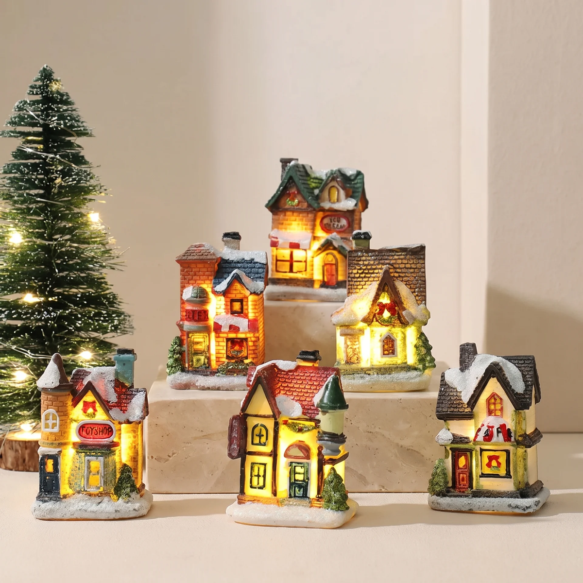Caldara Christmas Village Set - Hand-Painted Houses with LED Lighting
