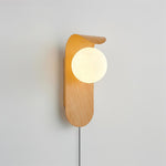 Plug-In Sconce with Frosted Globe and Wood Accent – 10 Inch Height for Bedroom Bathroom Hallway – G9 Socket Dimmable Fixture – Natural or Wa