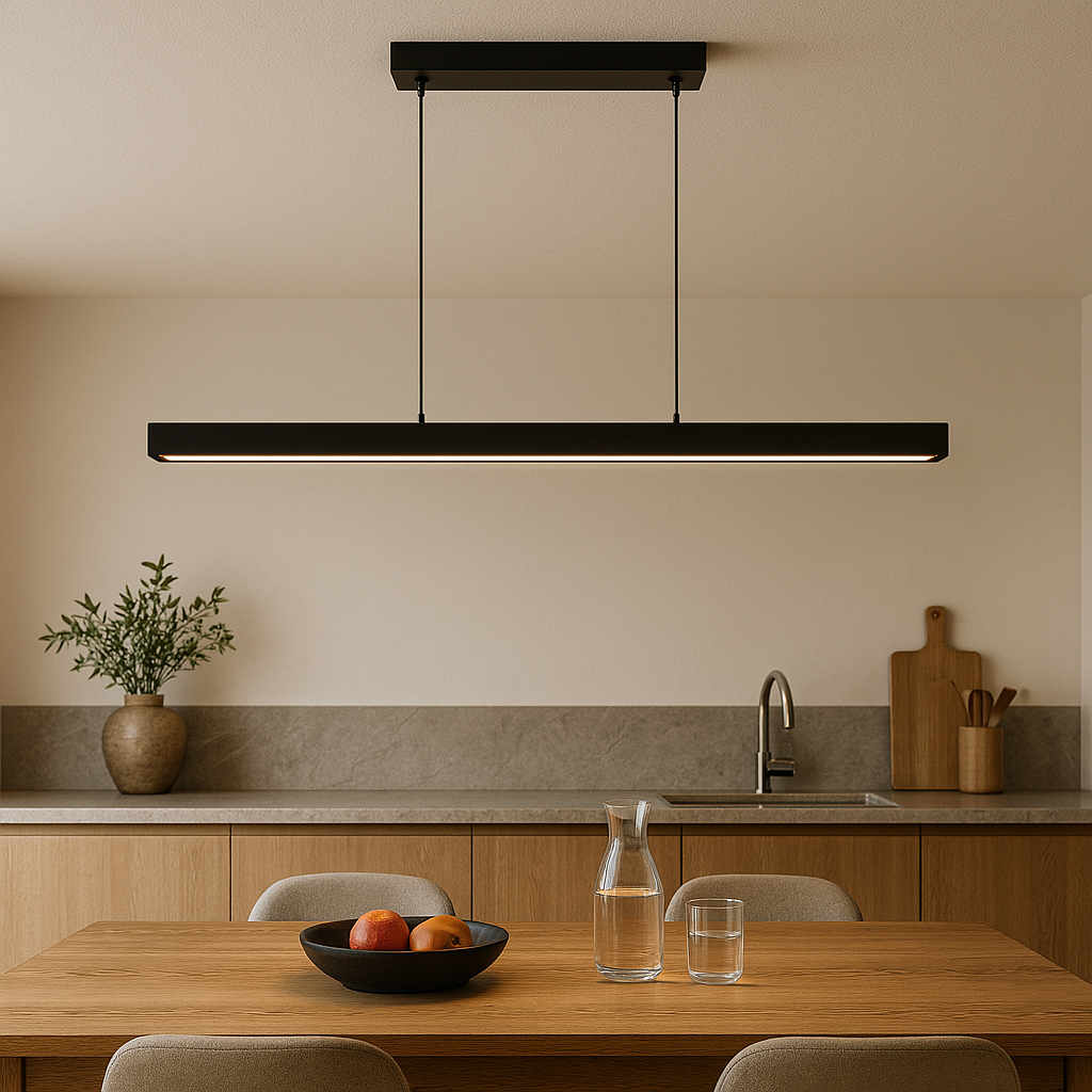 Linear LED Ceiling Fixture Wood & Iron Finish 47 in for Dining Table Kitchen Island Home Office Adjustable Hanging Lamp Modern Minimalist