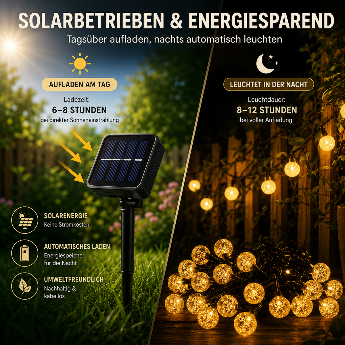 Solar String Lights Outdoor Water-Resistant 33ft LED Globe Fairy Lights for Patio Garden Camping Party Deck Yard Warm White Glow Wireless
