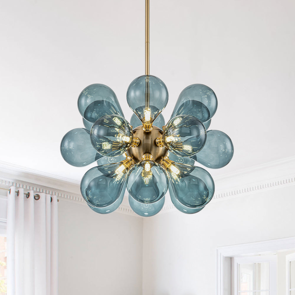 18-Light Glass Globe Ceiling Chandelier Blue Orb Sputnik Design Gold Frame Adjustable Height Hardwired for Dining Room Foyer