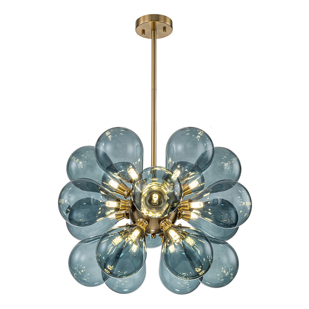 18-Light Glass Globe Ceiling Chandelier Blue Orb Sputnik Design Gold Frame Adjustable Height Hardwired for Dining Room Foyer
