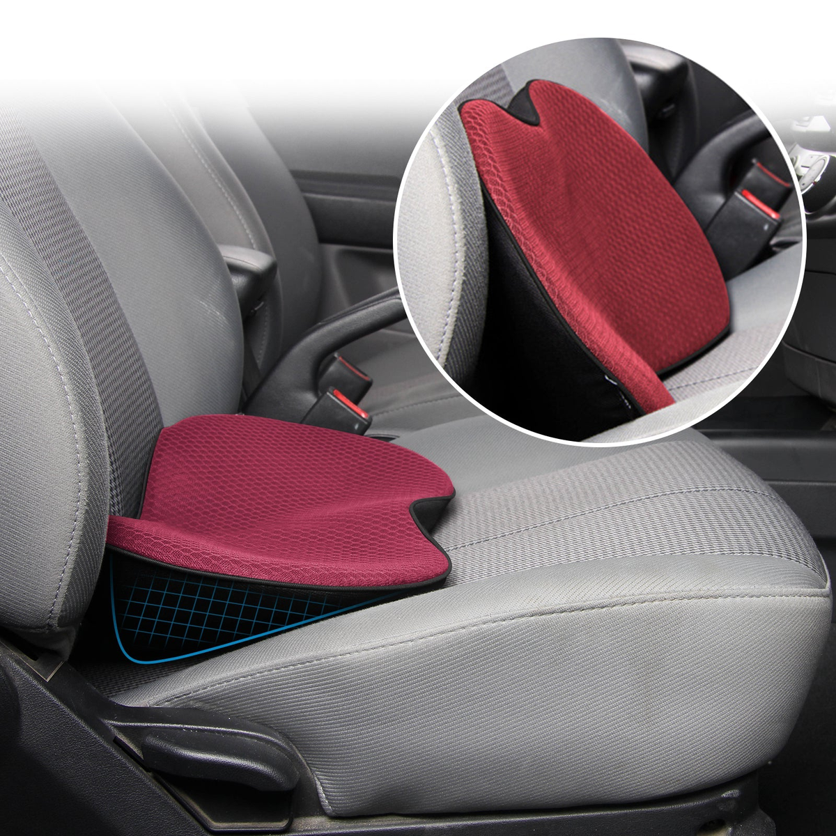 Memory Foam Car Seat Cushion with Built-In Lumbar Support Pad for All-Day Driving Relief and Posture Improvement in Vehicles and Office