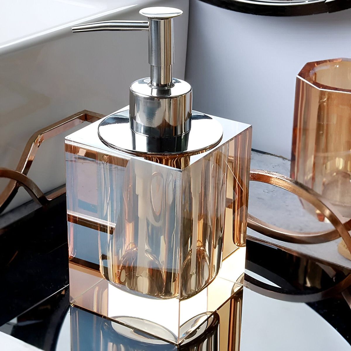 Crystal Glass Bathroom Accessories Set, Glass Soap Dispenser with Toothbrush Holder, Vanity Tray for Bathroom Countertop