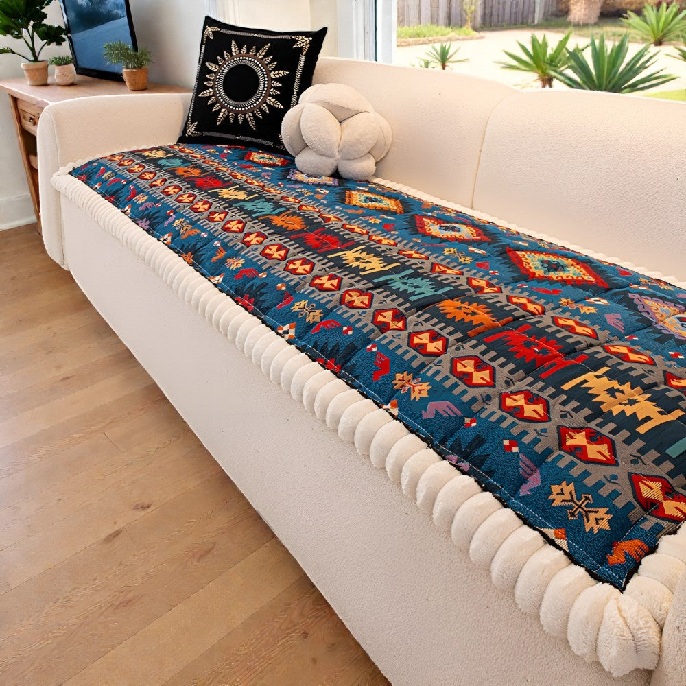 Elysian Couch Cover - Quilted Microfiber, Ethnic Design, Non-Slip