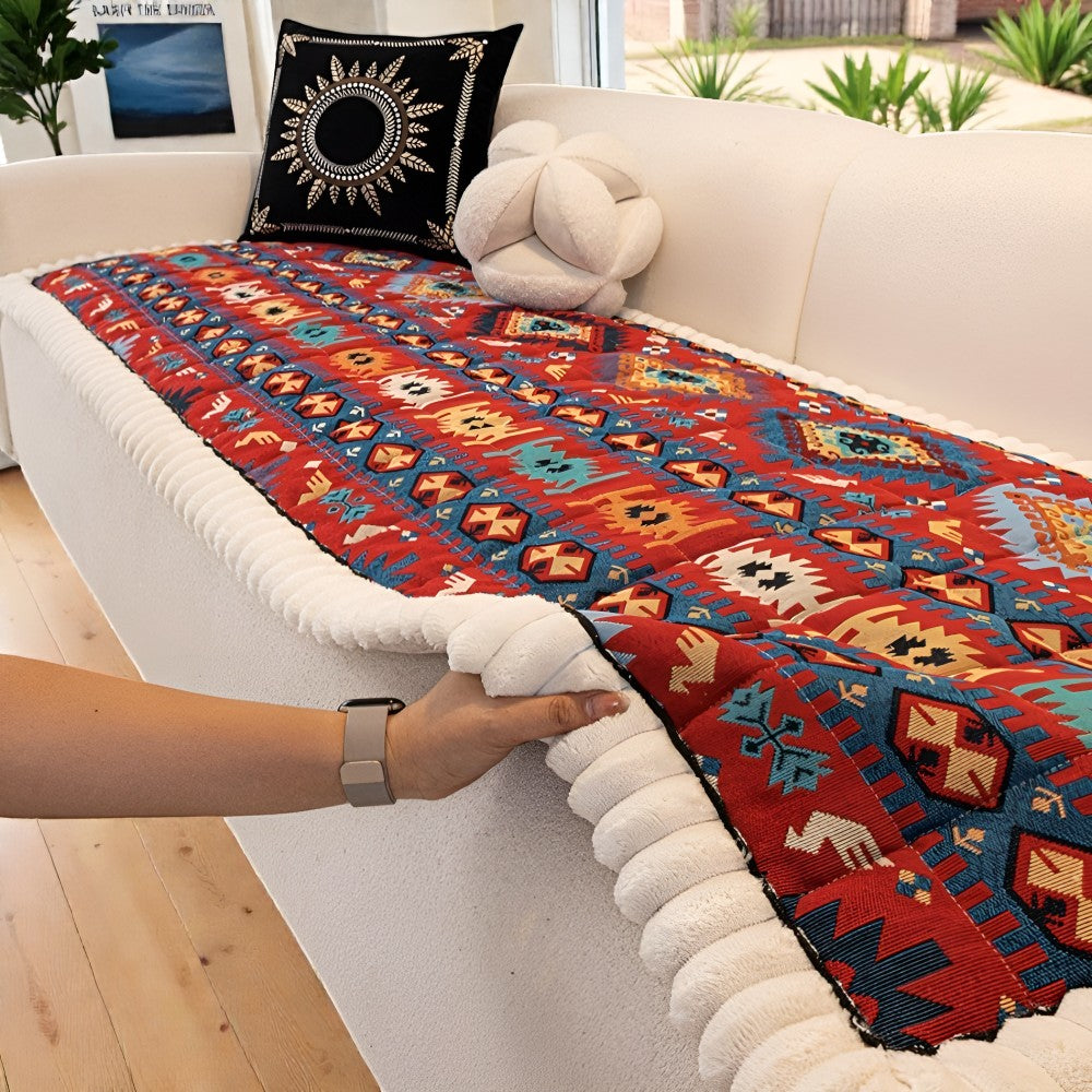 Elysian Couch Cover - Quilted Microfiber, Ethnic Design, Non-Slip