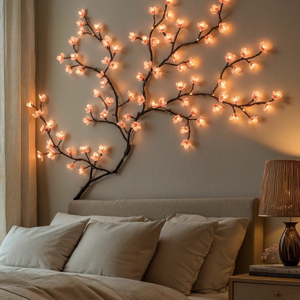Pink Cherry Blossom LED String Light Vine for Indoor Home Decor – 63-Inch Hanging Floral Lights with 72 Warm White & Blush LEDs