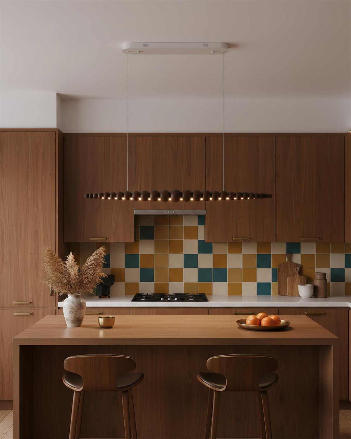 Hanging LED Fixture 46 in Metal Wood Acrylic Globe Pendant 3000K Contemporary Ceiling Light for Kitchen Island Dining Table