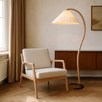 Arc Floor Lamp Natural Wood Linen Shade 30 in Wide Reading Light for Living Room Cozy Corner Seating Area Bedroom Soft Illumination Modern O