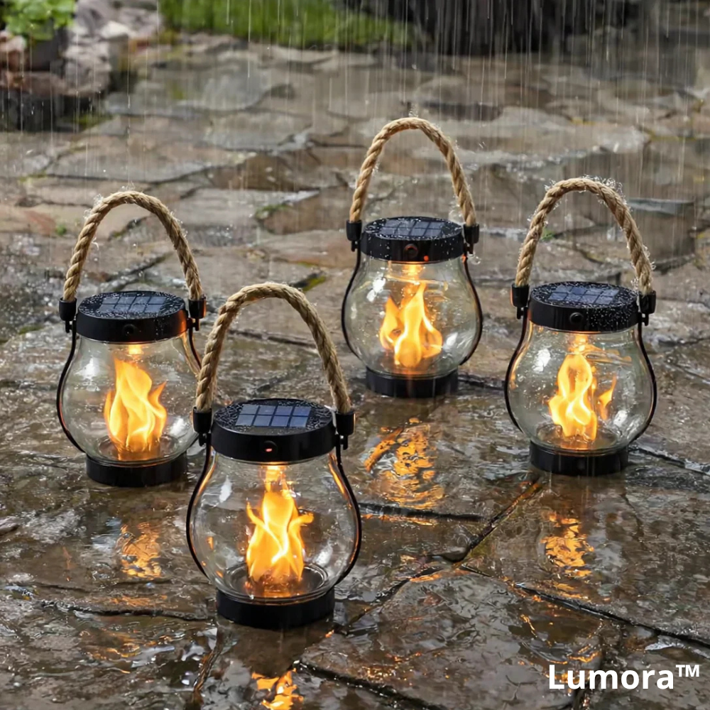 Outdoor LED Flame Lantern Solar Powered Hanging Light Water-Resistant Garden Patio Decor 11 Inch with Dusk to Dawn Sensor for Balcony Yard Deck