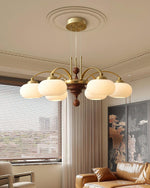 Multi-Light Wood & Glass Statement Fixture for Dining Rooms | Mixed Material Ceiling Light with Ribbed Shades | Modern Ambient Overhead Ligh