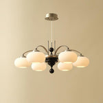 Multi-Light Wood & Glass Statement Fixture for Dining Rooms | Mixed Material Ceiling Light with Ribbed Shades | Modern Ambient Overhead Ligh