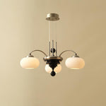 Multi-Light Wood & Glass Statement Fixture for Dining Rooms | Mixed Material Ceiling Light with Ribbed Shades | Modern Ambient Overhead Ligh