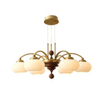Multi-Light Wood & Glass Statement Fixture for Dining Rooms | Mixed Material Ceiling Light with Ribbed Shades | Modern Ambient Overhead Ligh