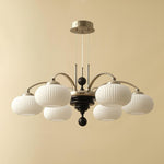 Multi-Light Wood & Glass Statement Fixture for Dining Rooms | Mixed Material Ceiling Light with Ribbed Shades | Modern Ambient Overhead Ligh