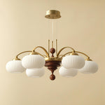 Multi-Light Wood & Glass Statement Fixture for Dining Rooms | Mixed Material Ceiling Light with Ribbed Shades | Modern Ambient Overhead Ligh