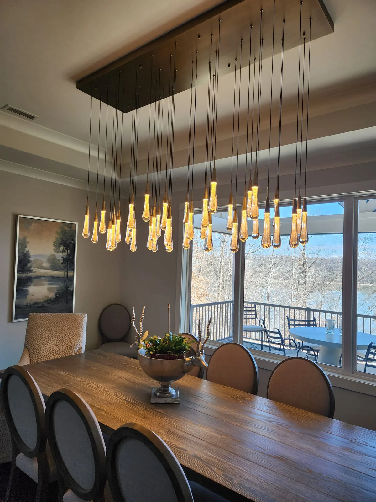 Cascading Raindrop Linear LED Chandelier – Textured Glass Orbs, Adjustable Height, Vaulted Ceiling Ready – 37 to 120 Inch Options