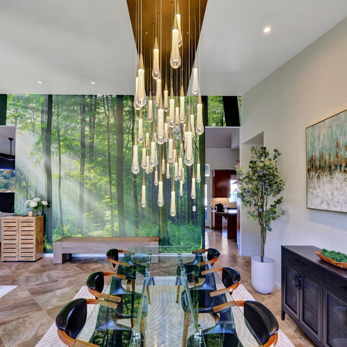 Cascading Raindrop Linear LED Chandelier – Textured Glass Orbs, Adjustable Height, Vaulted Ceiling Ready – 37 to 120 Inch Options