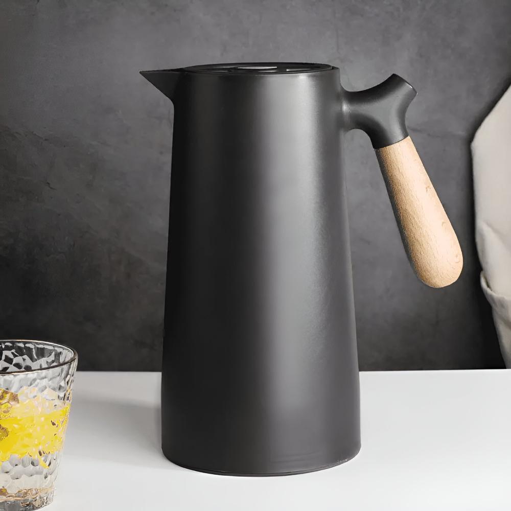 Insulated Thermal Carafe | Double Wall Beverage Server with Wood Handle | 1L Capacity for Hot and Cold Drinks