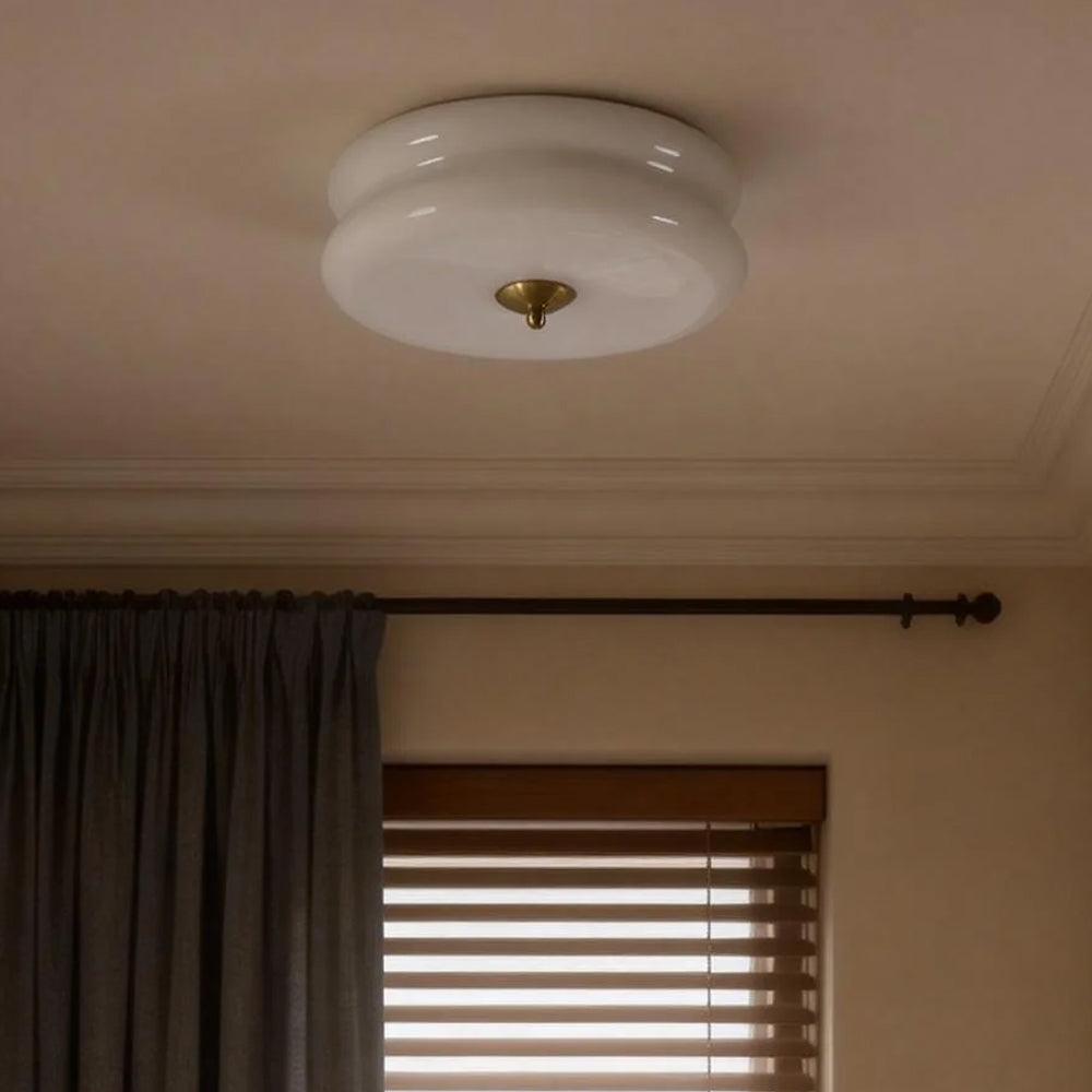 Handcrafted Glass Flush Mount Ceiling Light 16 in White Gold Finish for Dining Room Bedroom Kitchen Overhead Lighting Fixture Vintage Style