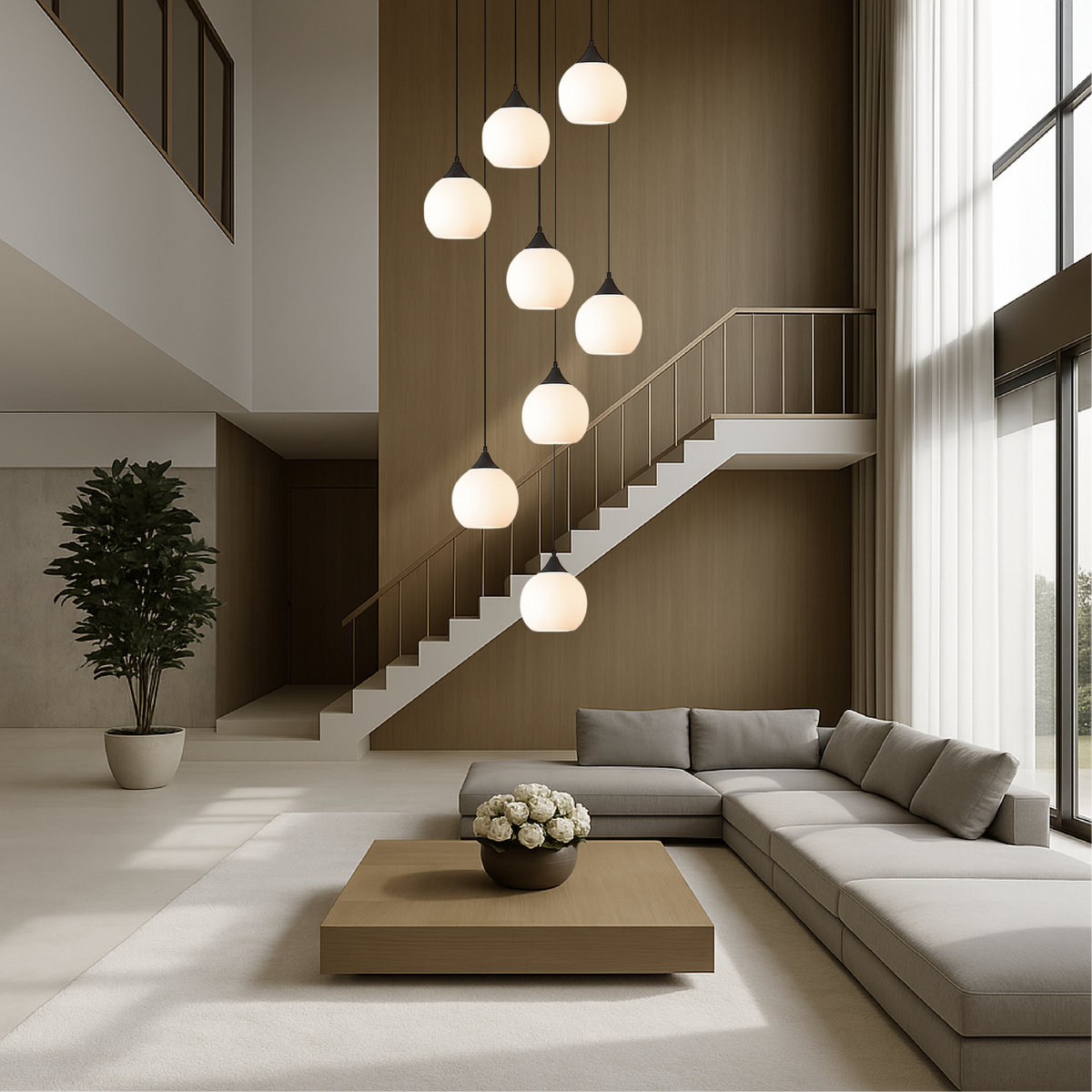 Multi-Drop Glass Globe Stairwell Fixture with Height-Adjustable Cable System for Vertical Spaces Black LED Illumination Mezzanine Entryway F