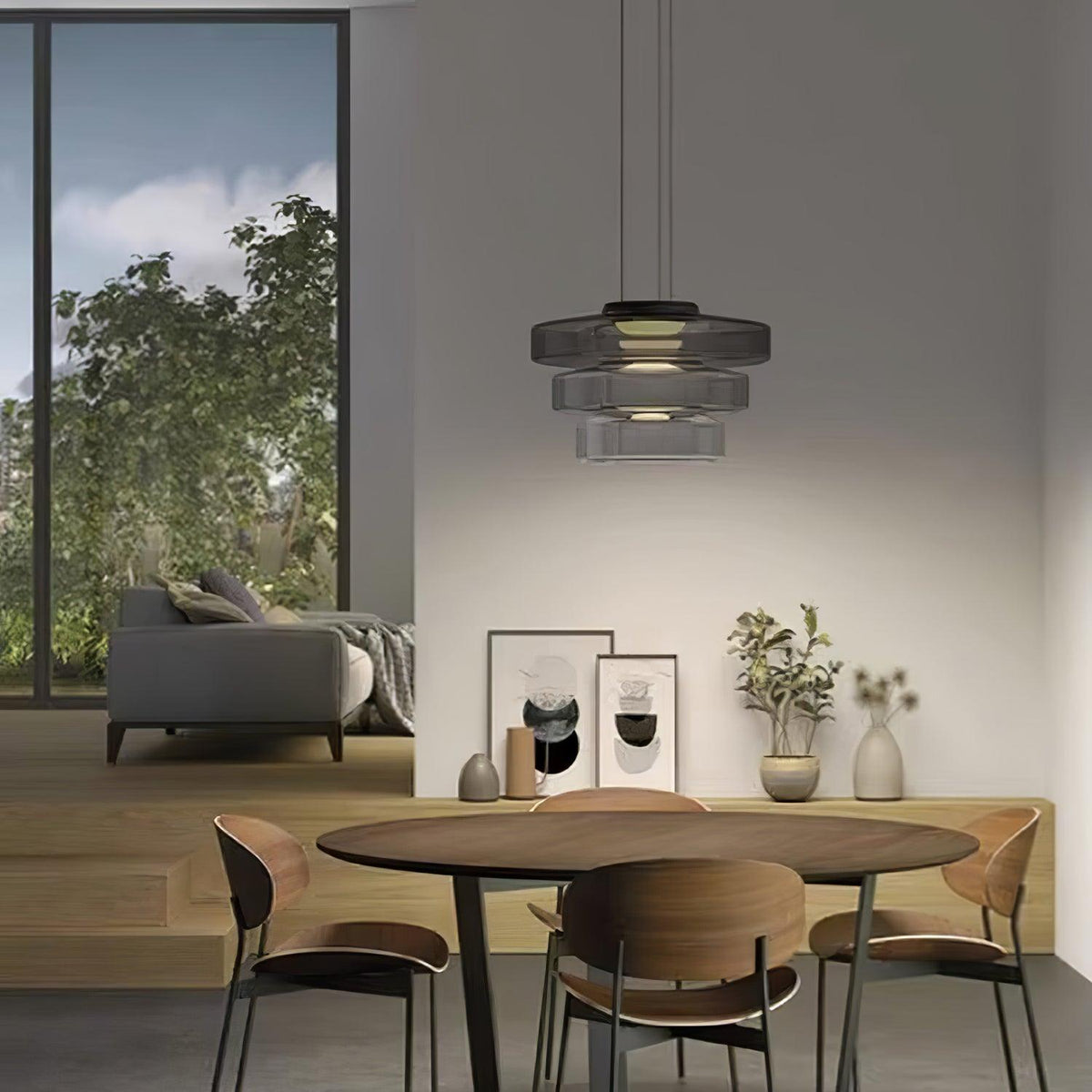 Tiered Glass Pendant Ceiling Fixture LED Multi-Level Hanging Light for Kitchen Island Dining Room Modern Layered Chandelier Adjustable Heigh