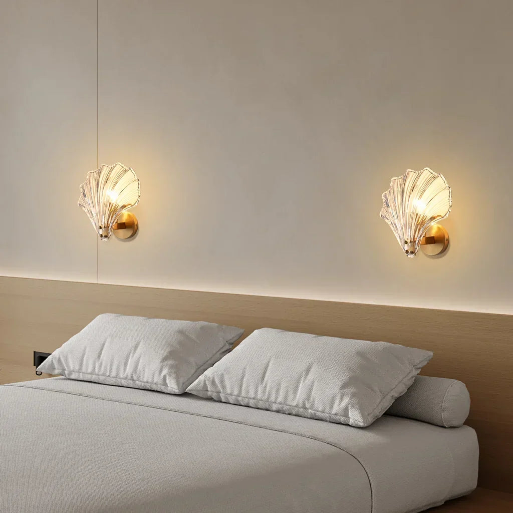 Sconce with Organic Shell-Shaped Shade – 10 Inch Brass & Glass Fixture for Bedside, Hallway, Powder Room – Subtle Glow