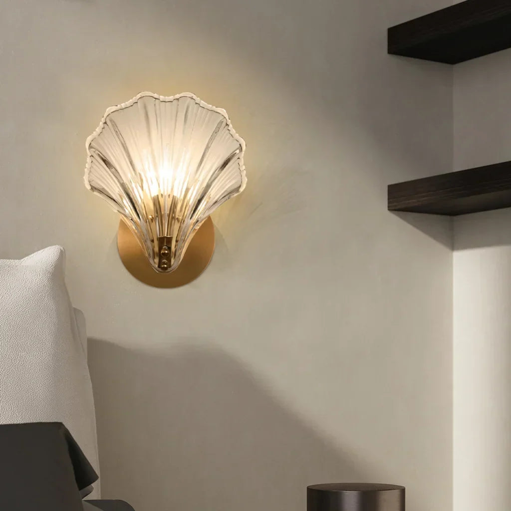 Sconce with Organic Shell-Shaped Shade – 10 Inch Brass & Glass Fixture for Bedside, Hallway, Powder Room – Subtle Glow