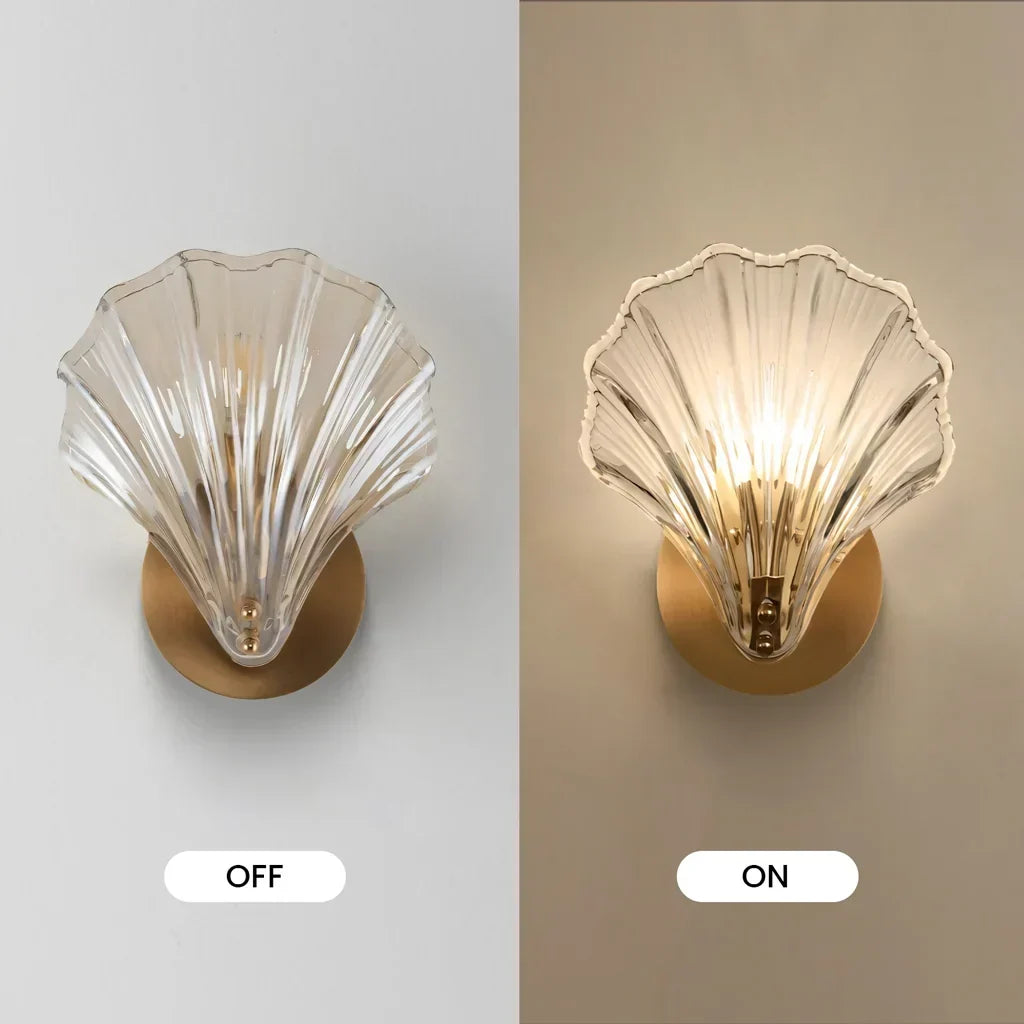 Sconce with Organic Shell-Shaped Shade – 10 Inch Brass & Glass Fixture for Bedside, Hallway, Powder Room – Subtle Glow