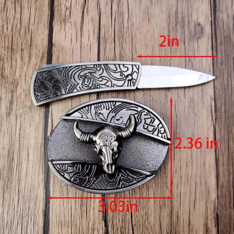 Oval Bull Skull Belt Buckle with Hidden Knife