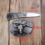 Oval Bull Skull Belt Buckle with Hidden Knife
