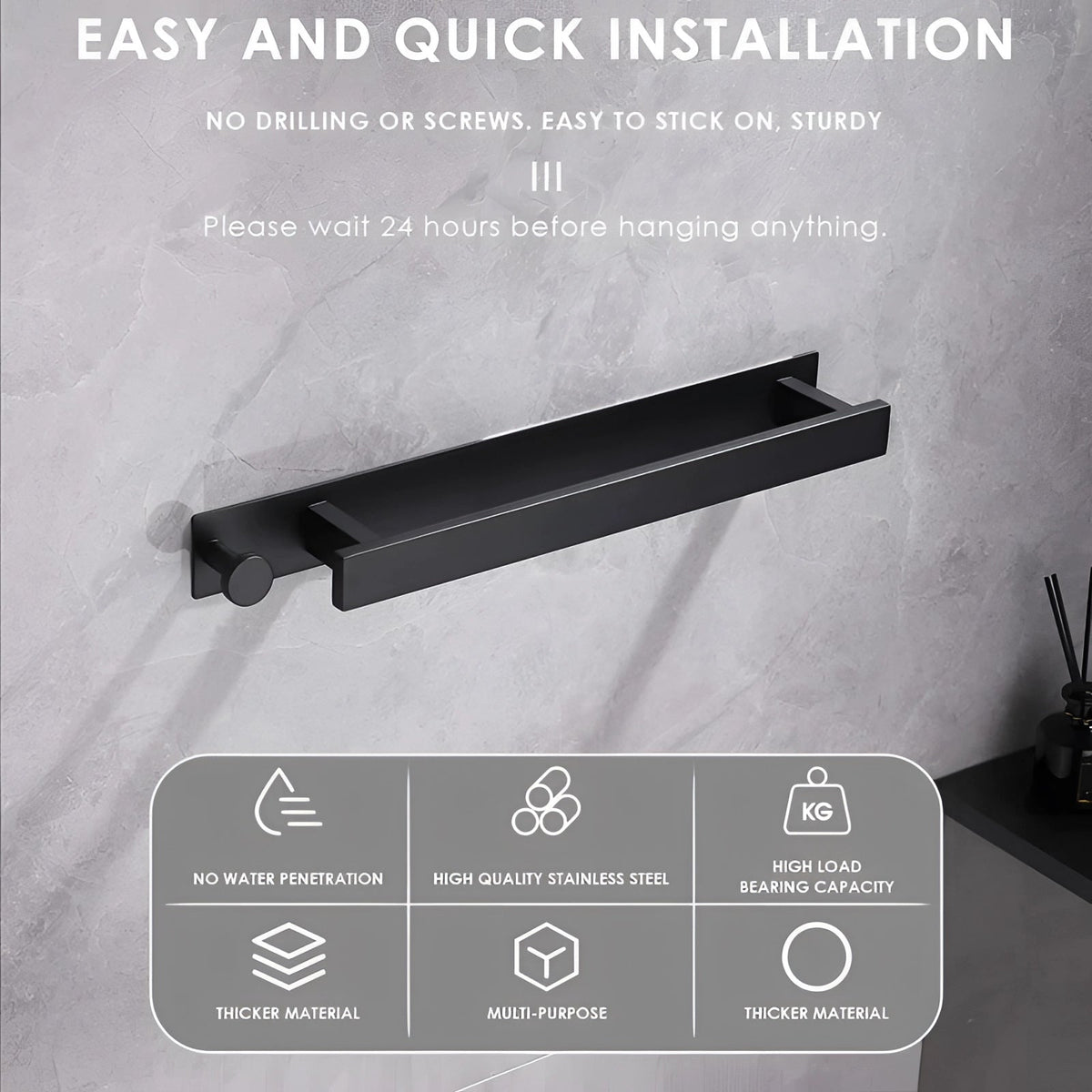 Modern Black Towel Rack with No-Drill Installation | Space-Saving Solution for Bathroom Organization