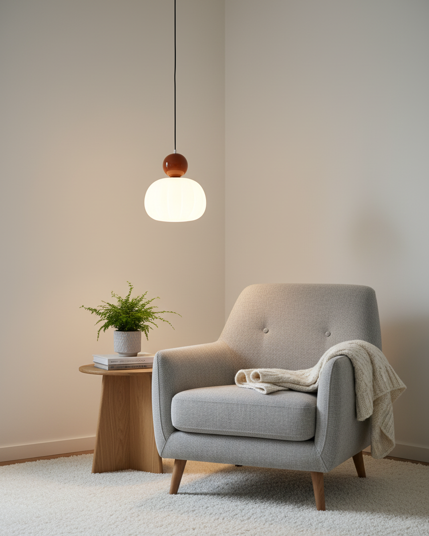 Sculptural Mini Pendant Light with Rounded Acrylic Shade for Dining Rooms, Bedrooms & Kitchen Nooks – 5.5-Inch White Globe Fixture, Adjustab