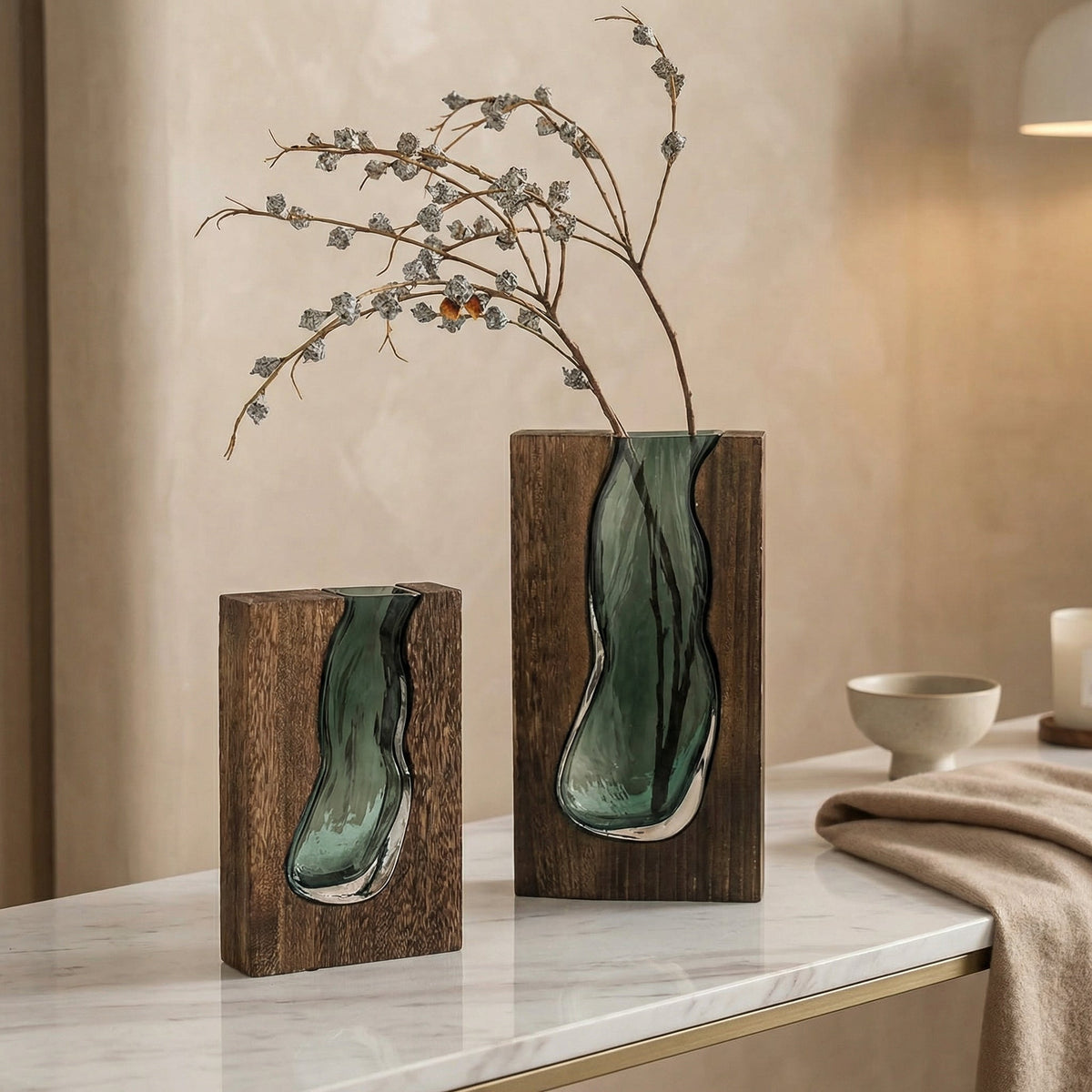 Nordic Live Edge Glass Vase with Natural Wood Base