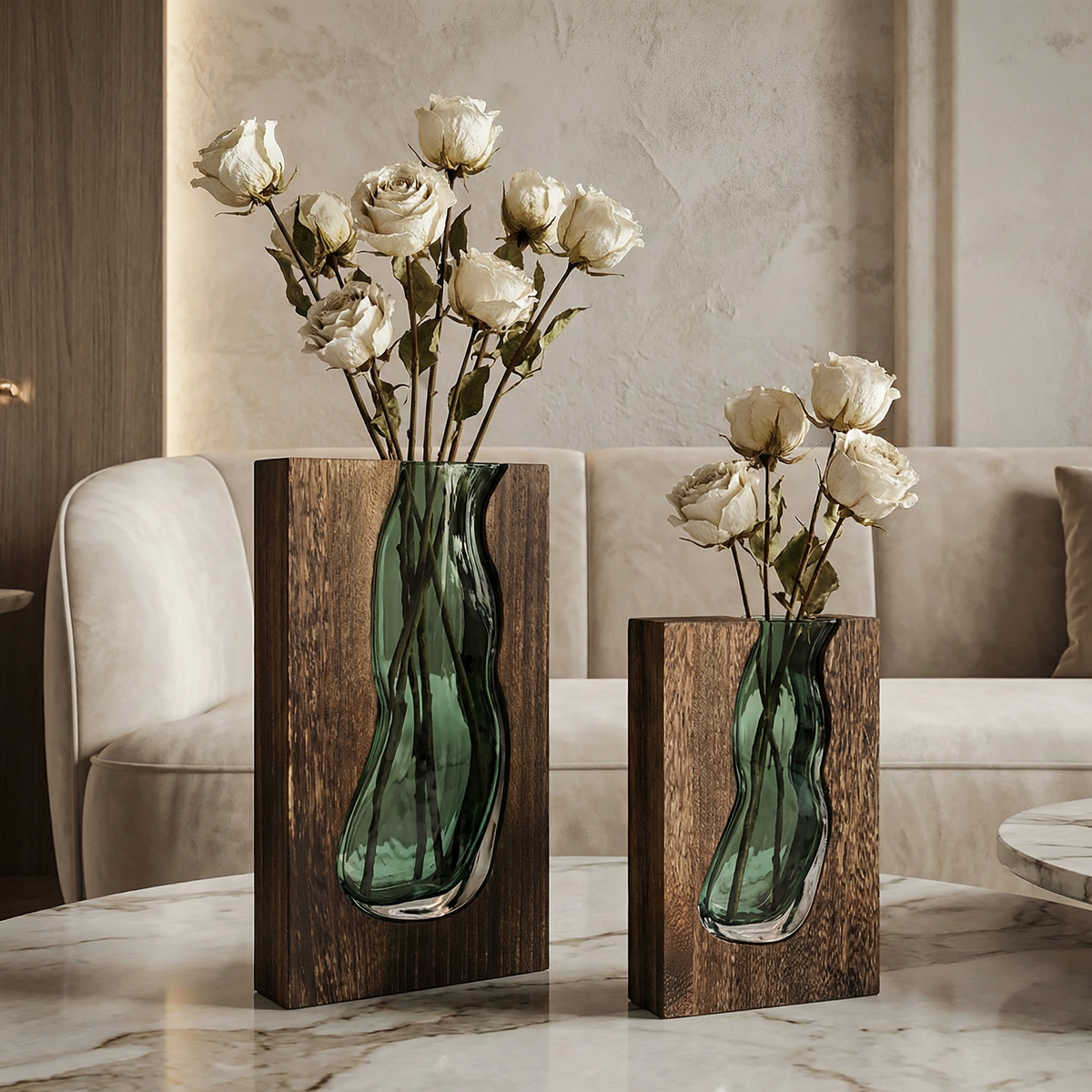 Nordic Live Edge Glass Vase with Natural Wood Base