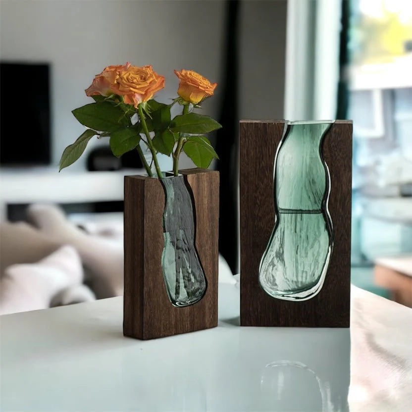 Nordic Live Edge Glass Vase with Natural Wood Base