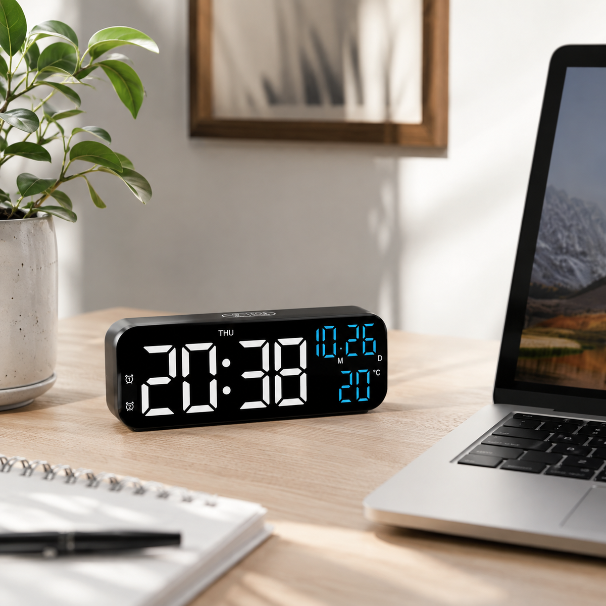 Digital LED Alarm Clock with Temperature Display & Voice Control for Bedroom, Nightstand Desktop Clock with Date, Night Mode Dimmer & Dual